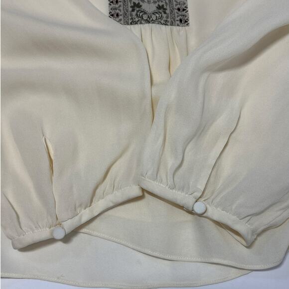 Tory Burch Silk Peasant Blouse Top Ivory Chiffon Size S Batik Trim Boho Designer - Picture 13 of 16